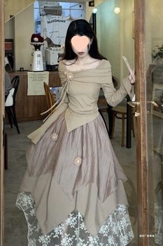 Trendy Two-Piece Set for Women: Autumn Design with a Slim-Fit Off-Shoulder Top and Irregular Skirt with an Atmospheric Feel