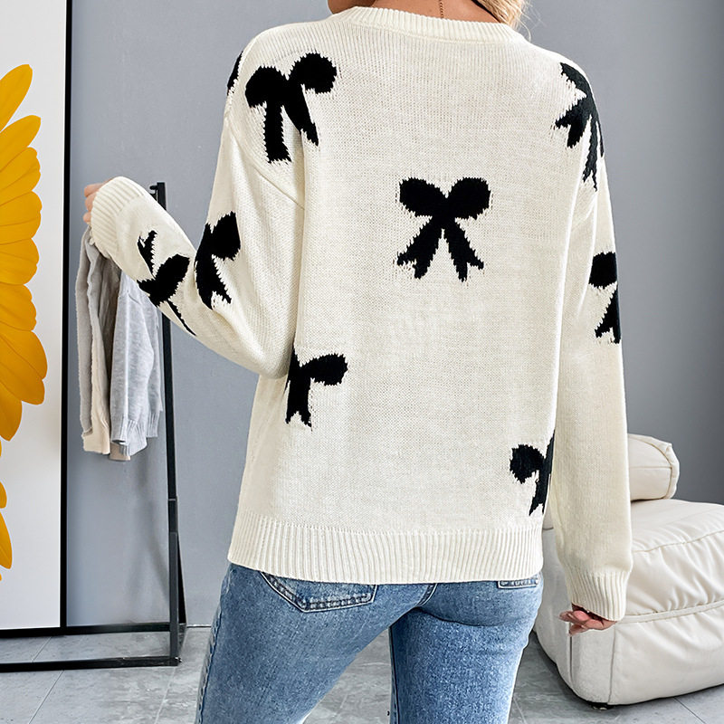 Sweet Floral Knit Sweater Round Neck Bow Detail Autumn Winter Style Perfect for Holiday Celebrations Wholesale