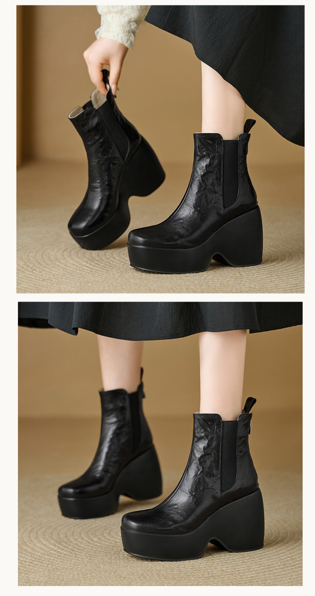 Boot nữ cổ ngắn đế dày gót xuồng mũi tròn da cừu phong cách cổ điển — màu đen, Màu nâu