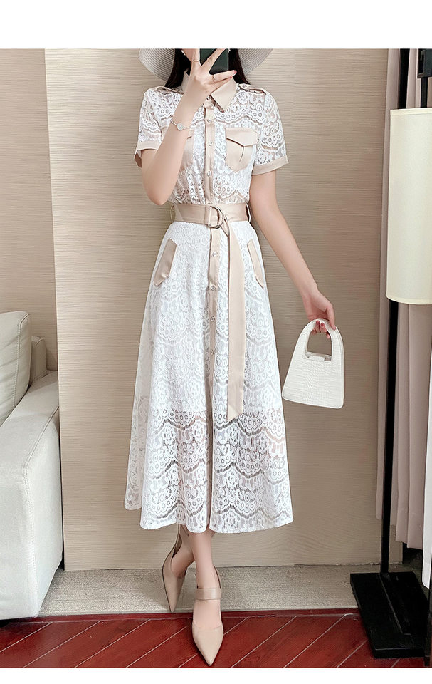 Set Áo Ren Tay Ngắn và Chân Váy Midi Phong Cách Hepburn Thanh Lịch Màu Trắng, Kem chi tiết 14