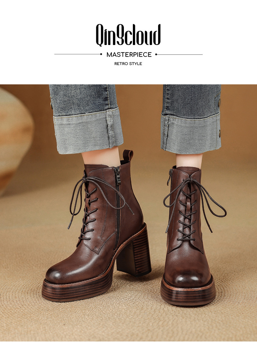 Boot Martin nữ đế dày gót thô buộc dây tăng chiều cao mũi tròn da bò thật — Lớp lót đơn màu nâu, Lớp lót nhung màu nâu, Màu đen một lớp, nhung đen