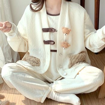Maternity Pajamas Spring and Autumn Air Cotton Quilted Nursing Sleepwear Three-Piece Set Autumn and Winter Postpartum Maternity Breastfeeding Maternity Ward Outing