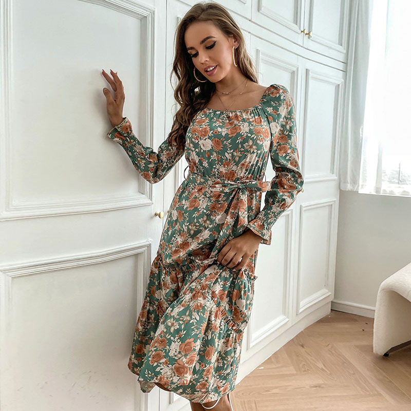 Vintage Floral Print Long Sleeve Dress Slim Fit Ruffled Design Square Neckline Perfect for Spring and Summer Events