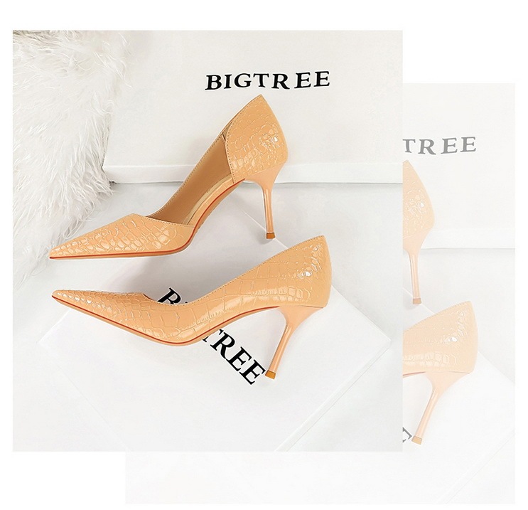 Giày cao gót nữ mũi nhọn da bóng họa tiết vân rắn gót nhọn 8cm — Màu hồng, Màu kaki, Màu nude, Màu xanh lá