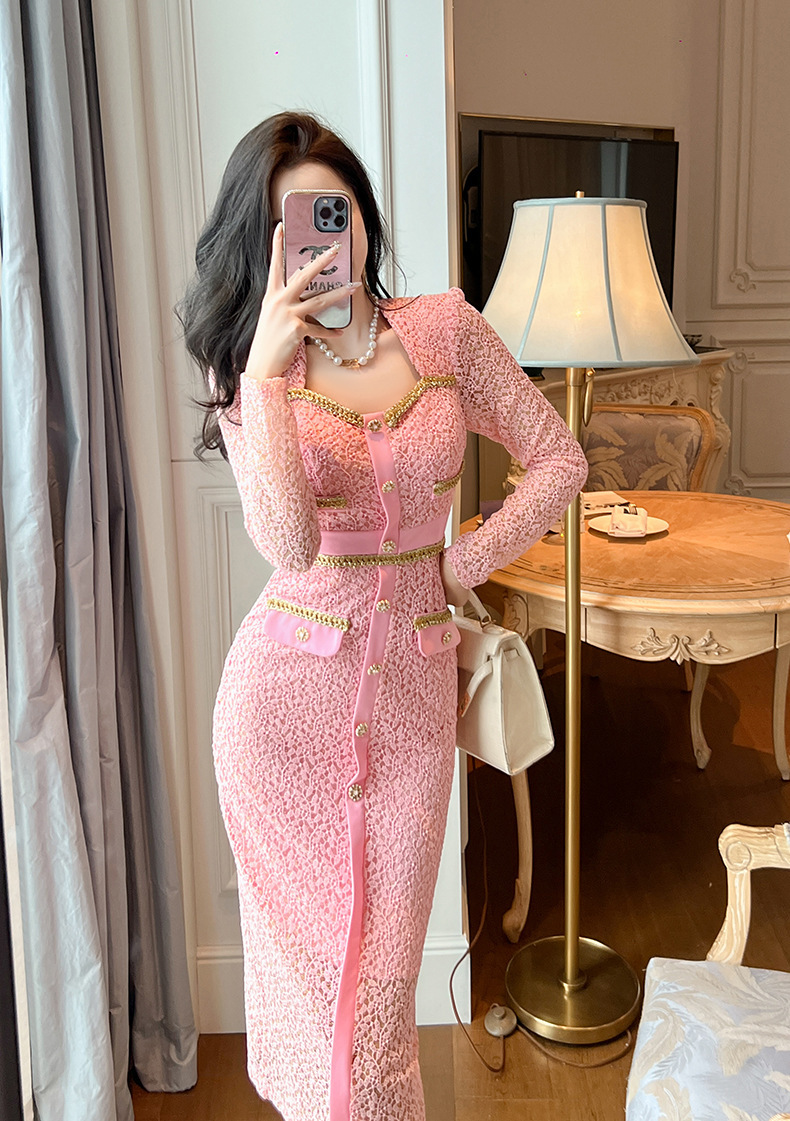 Đầm ren nữ cổ vuông dài tay phối dây xích ôm body thanh lịch — Hoa Anh Đào