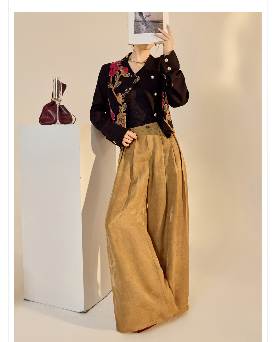 Quần dài ống rộng nữ họa tiết jacquard lụa tơ nhân tạo — Màu trắng nhạt, màu vàng