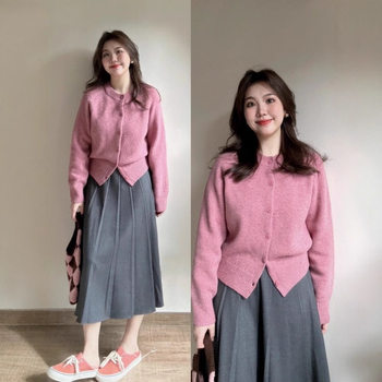 plus size Chubby Sister Korean Style Gentle Soft Waxy Knitted Cardigan High Waist Pleated Skirt Slimming Two-piece Set for Women