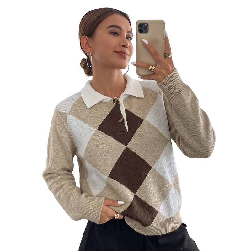 Long Sleeve Sweater Diamond Jacquard Soft and Sweet Style Lapel Collar Perfect for Fall Winter Wholesale Available