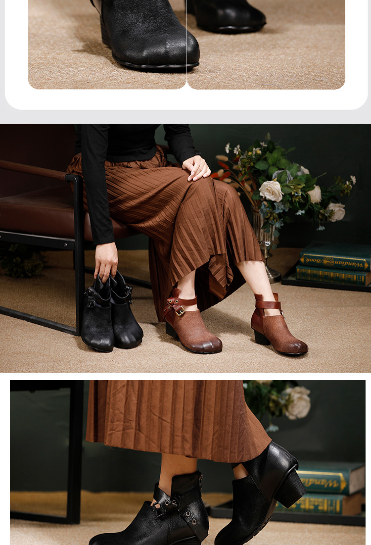 Boot nữ cổ thấp da bò thật gót thô khóa kéo sau mũi tròn — màu đen, Màu nâu cà phê
