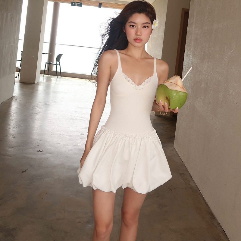Summer Floral Puff Dress for Women Bow Tie Waist Slim Fit Beach Vacation Style Available in Multiple Colors