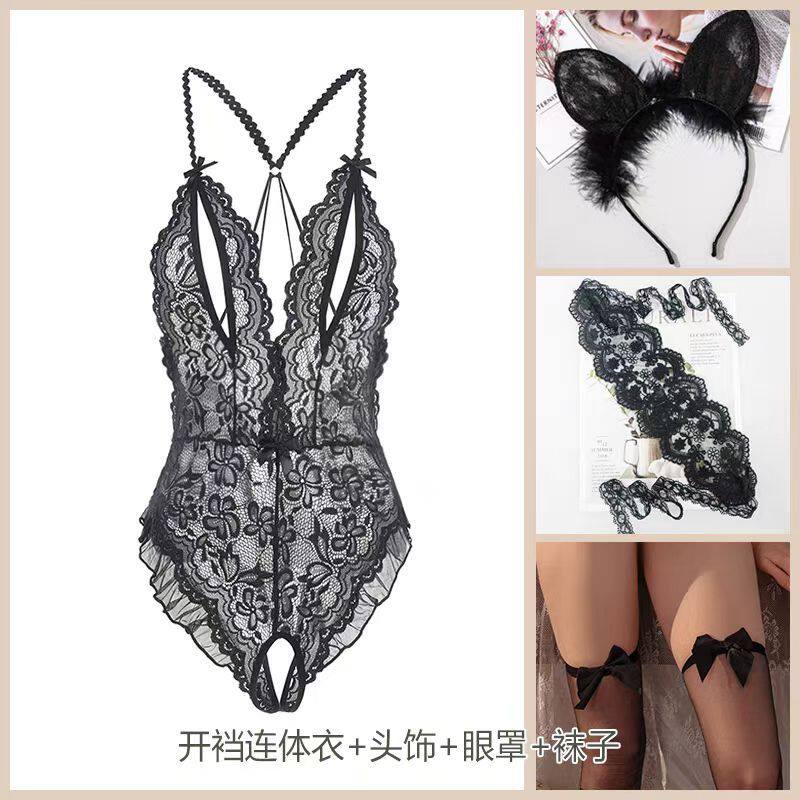 浪漫紫-情趣内衣性感蕾丝镂空连体衣女开裆激情免脱套装睡衣诱惑