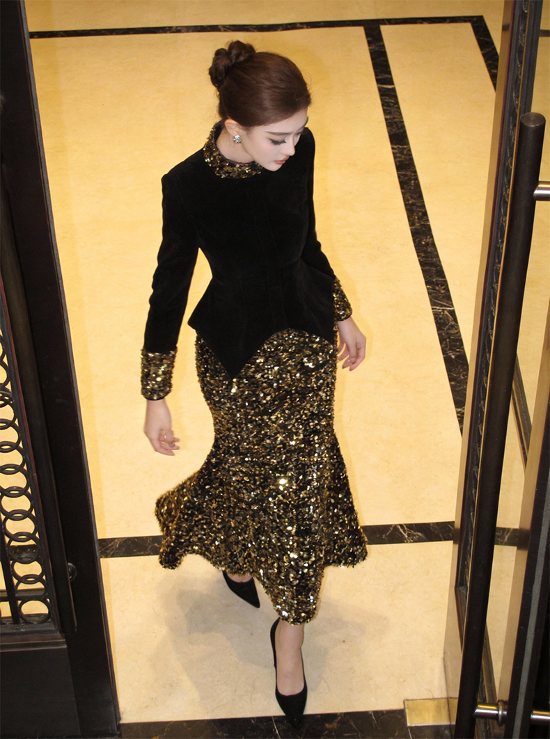 Đầm dạ hội nữ dáng ôm nhung phối sequin chiết eo — màu đen