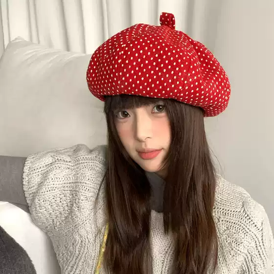 Korean-Style High-End Red Polka Dot Beret for Women, Winter Large Head Circumference Warm Newsboy Cap That Makes the Face Look Smaller