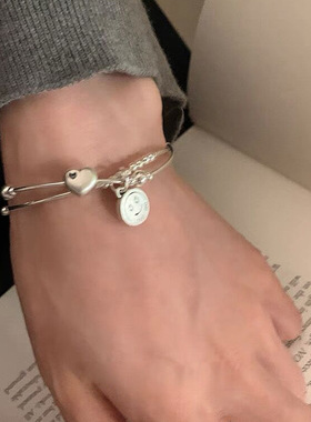 S925银手链手串女双层爱心笑脸吊坠轻奢小众设计百搭弹力绳手饰品