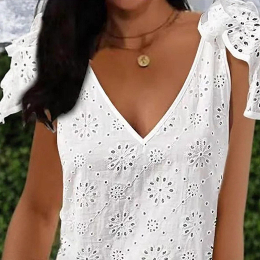Summer Sleeveless Lace Hollow Out Dress Solid Color V Neck Elegant Design Perfect for Casual Outings Wholesale