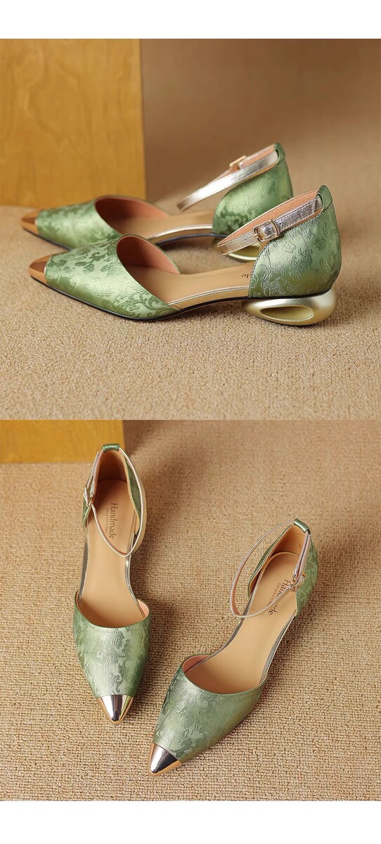 Sandal nữ quai ngang bít mũi mũi nhọn kim loại gót thô 3cm phối cùng áo dài — Màu be, màu đen, Xanh lá cây