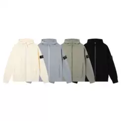 Cross-Border Ston Stone Sweatshirt Autumn and Winter Unisex Hooded Sweatshirt Solid Color Island Sleeve Badge Style Zip-Up Sweatshirt Jacket
