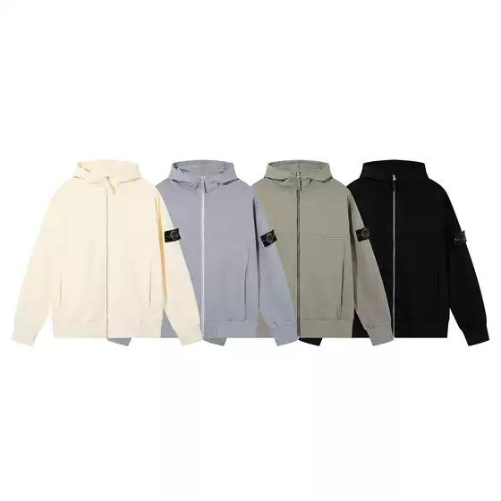 Cross-Border Ston Stone Sweatshirt Autumn and Winter Unisex Hooded Sweatshirt Solid Color Island Sleeve Badge Style Zip-Up Sweatshirt Jacket