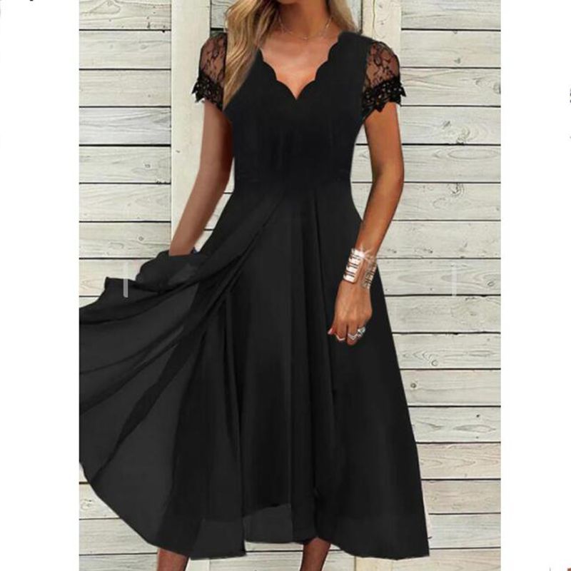 Chiffon Lace Overlay Long Dress with Ruffled Neckline for Evening Events and Bridesmaids Available in Black Sizes S to XXXL