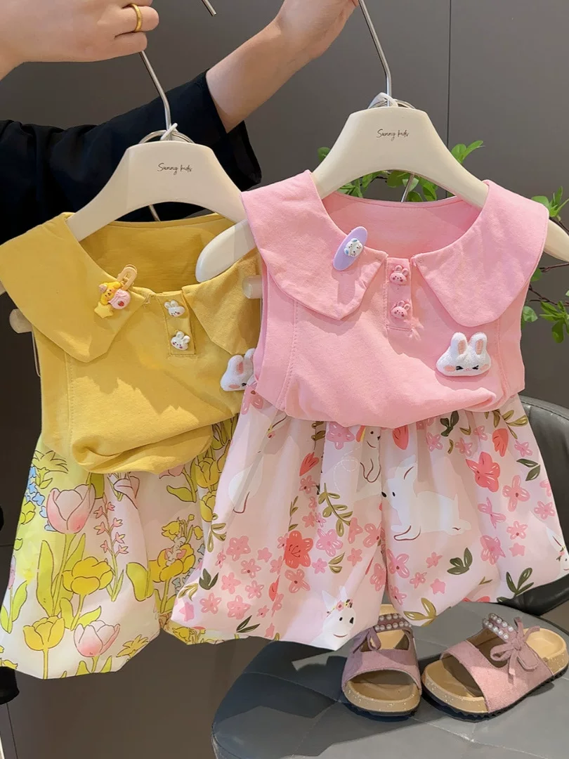 New Stylish 3D Rabbit Ear Cartoon Girls' Bud Shorts Set, Summer Cute Creative Doll Outfit