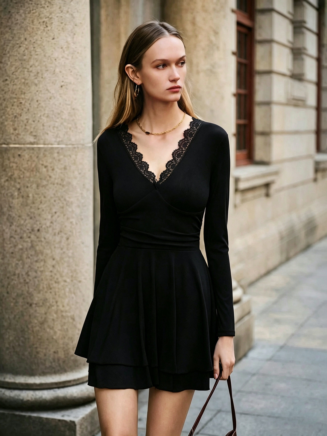 V Neck Lace Trim Long Sleeve Dress Slim Fit Ruffled Hem A Line Skirt Perfect for Spring and Summer Events Wholesale