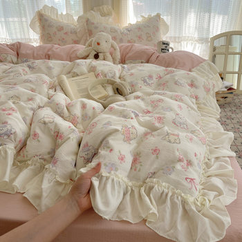 Class a French Lace Style Four-Piece Set for Sleeping Naked, Ins-Style Fresh Pure Washed Cotton Double-Layer Gauze Student Dormitory Three-Piece Set