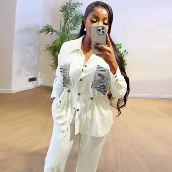 African Women's suit Women's Cross-border Amazon European and American Temperament Waist Shirt Long Sleeve Cardigan Pants Two-piece Set