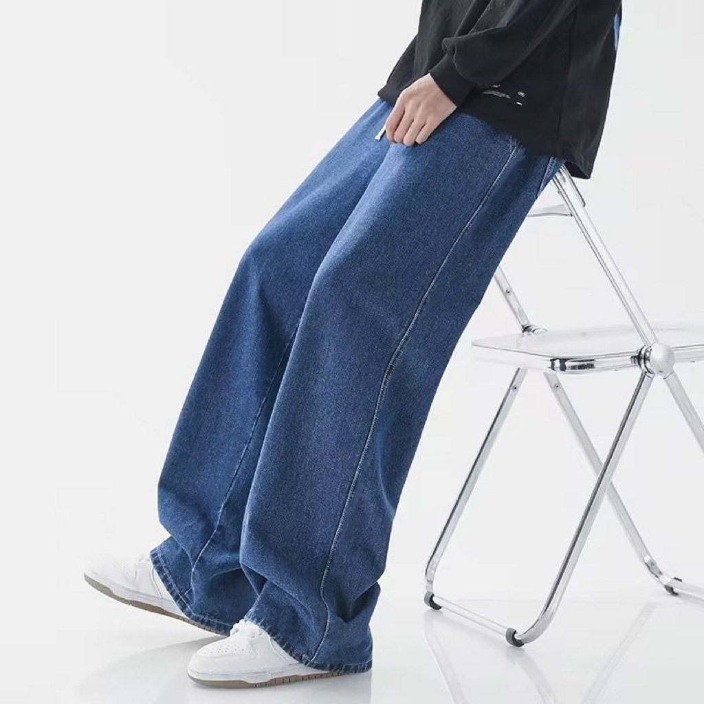 Japanese style drawstring light color jeans men's elastic waist loose straight floor-length pants trendy wide-leg casual long pants men