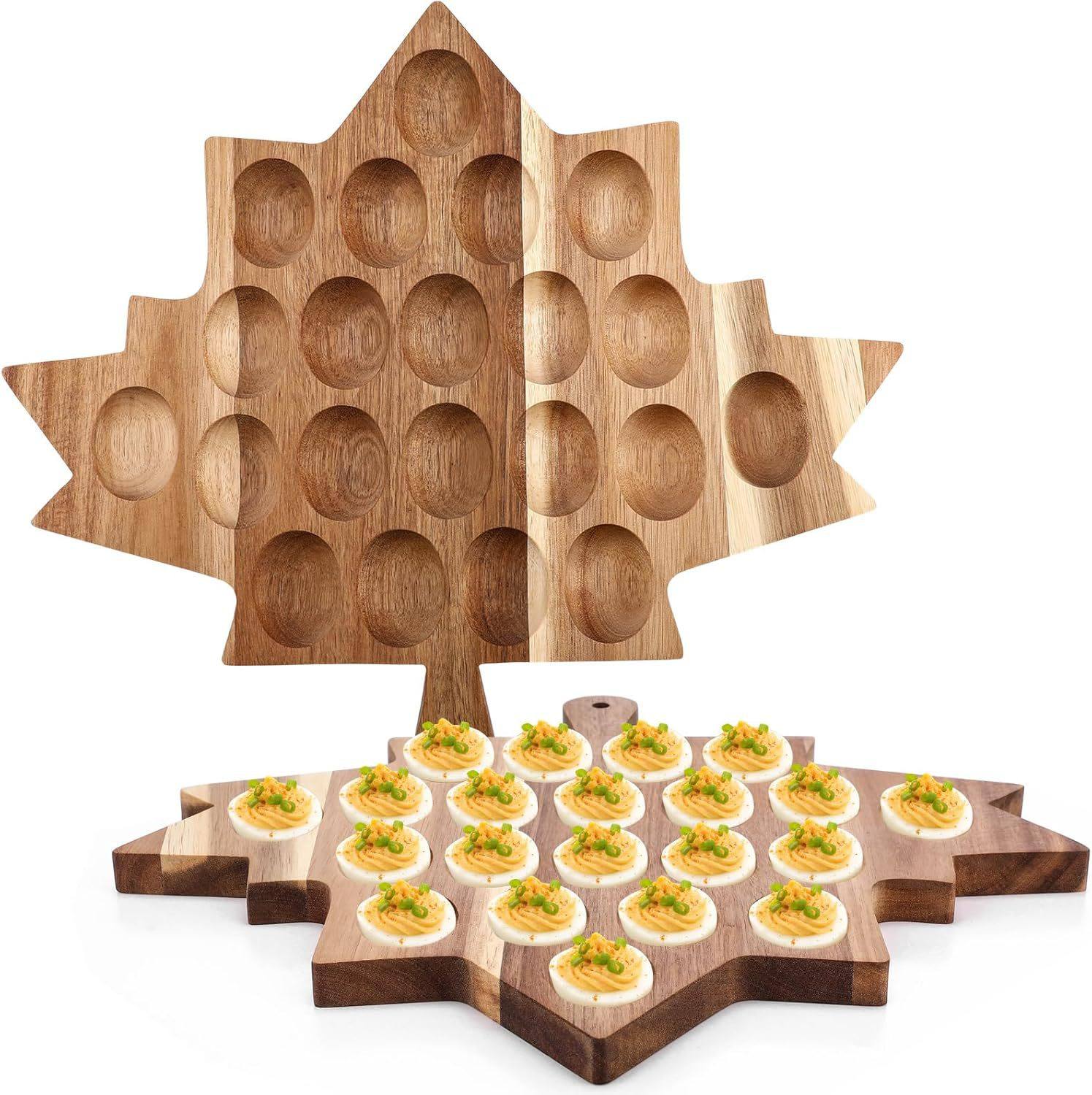 ​ Natural Solid Wood Maple Leaf Shape Devil's Egg Dinner Plate Creative Table Placement Props Thanksgiving Egg Tray