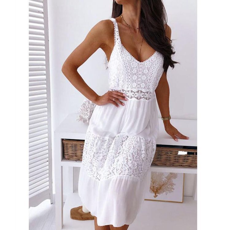 Lace Panel Spaghetti Strap Beach Dress for Women Elegant White Summer Style Available in Multiple Sizes Wholesale