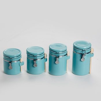 Hot selling set of four ceramic kitchen storage tank export light blue ceramic sealed tank with iron frame sealing ring set of four