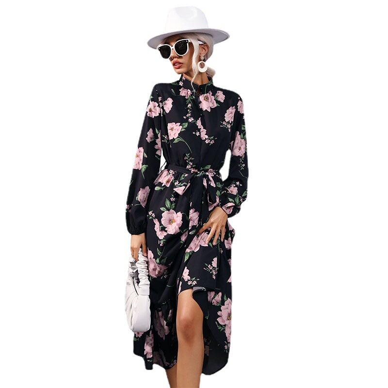 Printed Long Sleeve Maxi Dress High Neck Fashionable Design Autumn Winter Style Wholesale Available