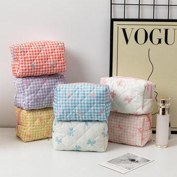 2024 New Style Plaid Bow Large Capacity Hand Makeup Bag Coin Bag Portable Fresh Style Japanese and Korean Students