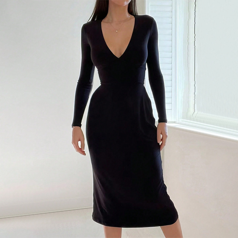 Womens V Neck Midi Dress Simple Solid Color Adjustable Waist Drawstring Spring Summer Casual Wear Wholesale Available