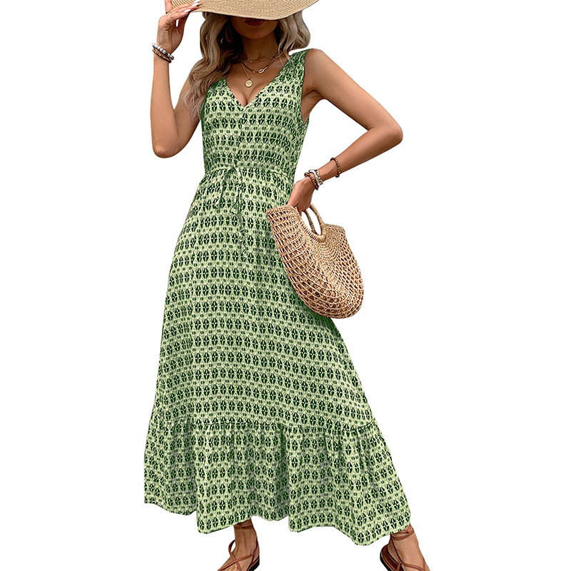 Elegant Geometric Print Sleeveless Dress Summer Casual Wear Waist Defining Design Available for Wholesale