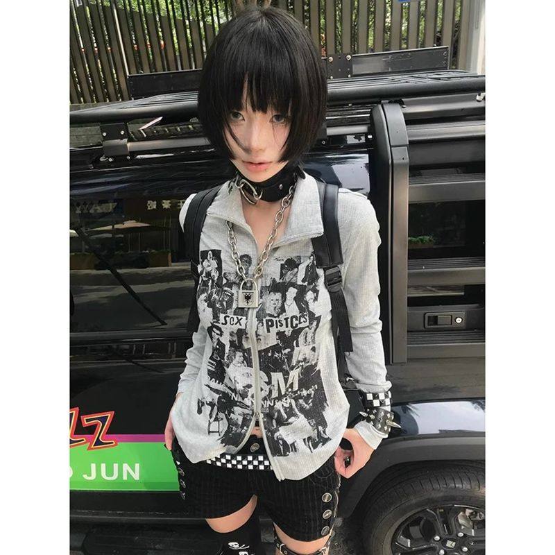 American Retro Sweater Cardigan Women's Early Autumn Punk Long-sleeved T-shirt Slim-fit vintage Subculture Zipper Top