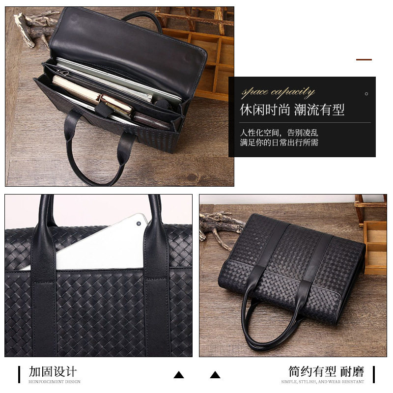 Hand-Woven Business Briefcase First-Layer Cowhide Men's Handbag Large-Capacity High-End Genuine Leather Computer Bag