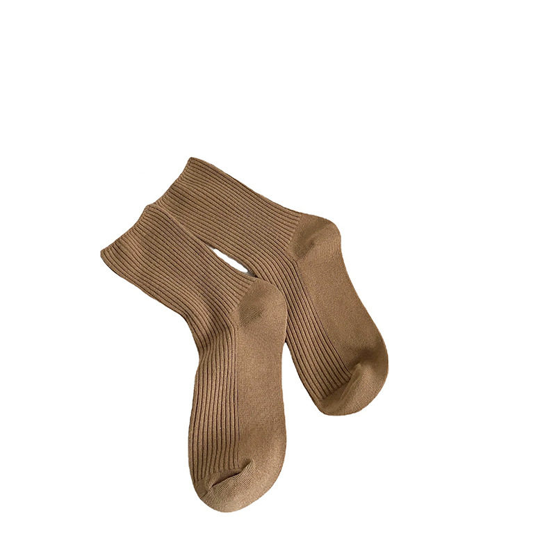 跨境袜子女暖色竖条中筒袜日系奶茶纯色堆堆袜秋冬简约日抛丢丢袜