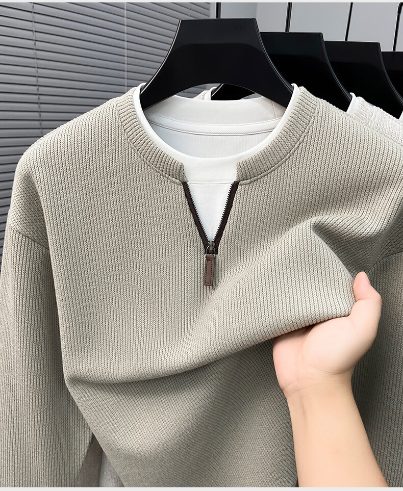 Áo nỉ dệt kim nam khóa kéo nửa thân cổ đứng phong cách công sở — Xanh đen, Màu trắng ngà, Xám nhạt, Xanh đậu