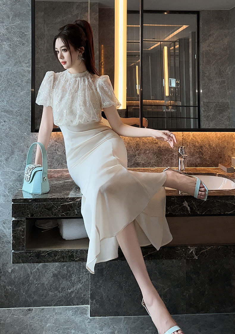 Đầm ren xòe đuôi cá eo cao tay bồng — [Hồng ngọc trai] chi tiết 6