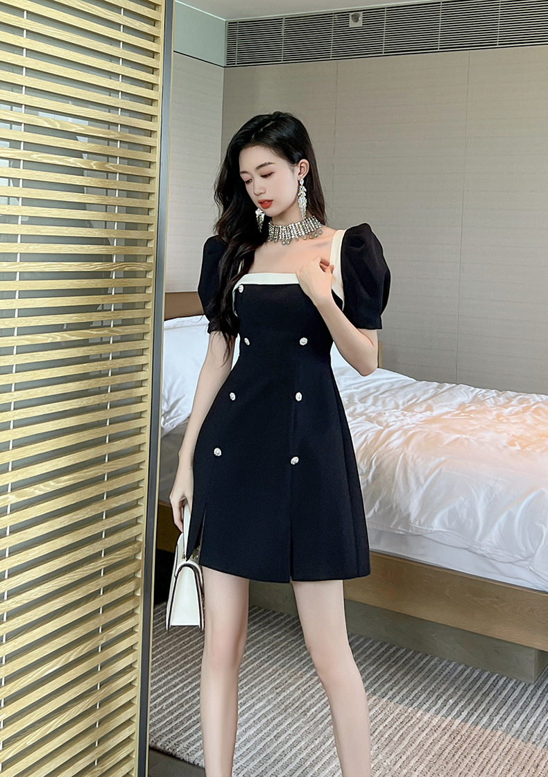 Đầm suông nữ midi cổ vuông tay ngắn, dáng chữ A, nhấn eo, phong cách Pháp — [Đen] chi tiết 16
