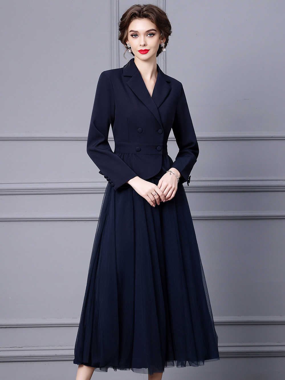 Bộ &Aacute;o Vest Nữ Cổ Bẻ Tay D&agrave;i Ch&acirc;n V&aacute;y Voan X&ograve;e Lớn Phong C&aacute;ch C&ocirc;ng Sở M&agrave;u Xanh Navy