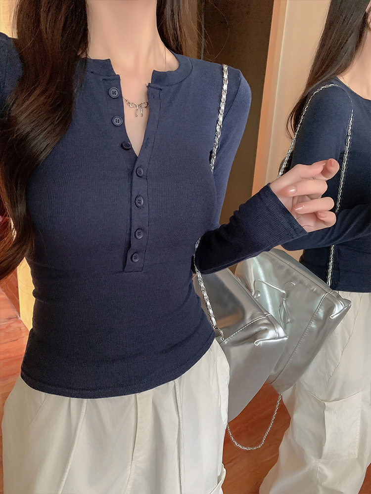 美式辣妹半开领纽扣长袖T恤女秋季新款修身显瘦内搭打底衫上衣潮