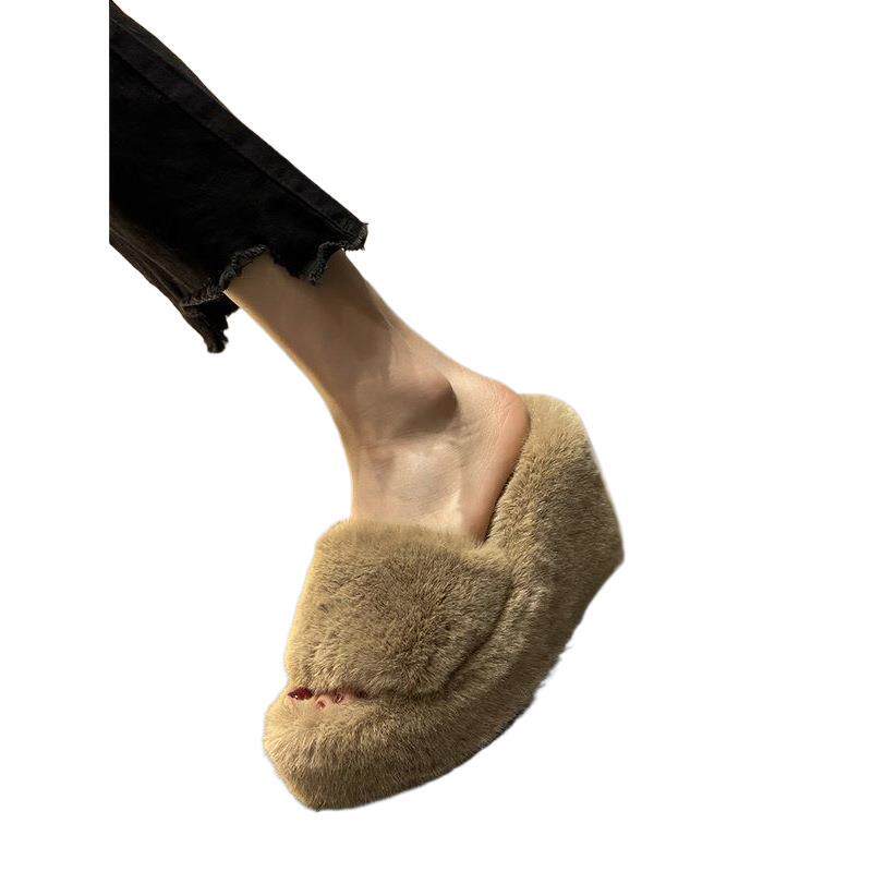 Furry Slippers for Women to Wear Outside Wedding Dresses 2025 Autumn and Winter Hot New Products Thick-Soled Wedge Heels Platform Heels to Increase Height