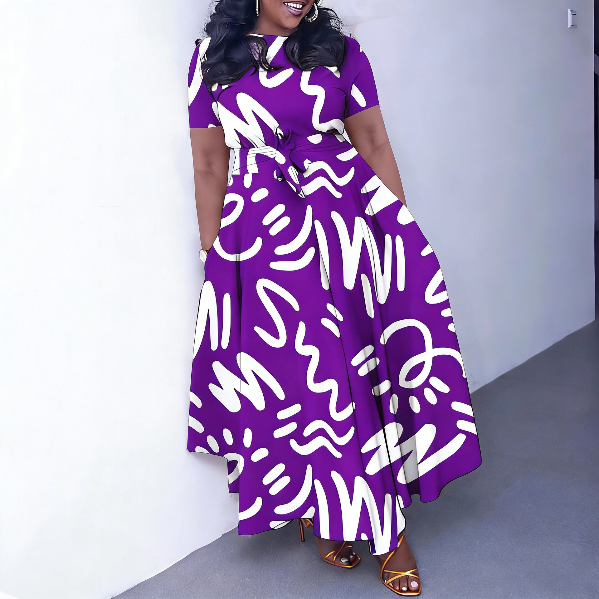 Plus Size Floral Maxi Dress Loose Fit Tie Waist Mid Length Comfortable Fabric Casual Wear for Summer Wholesale