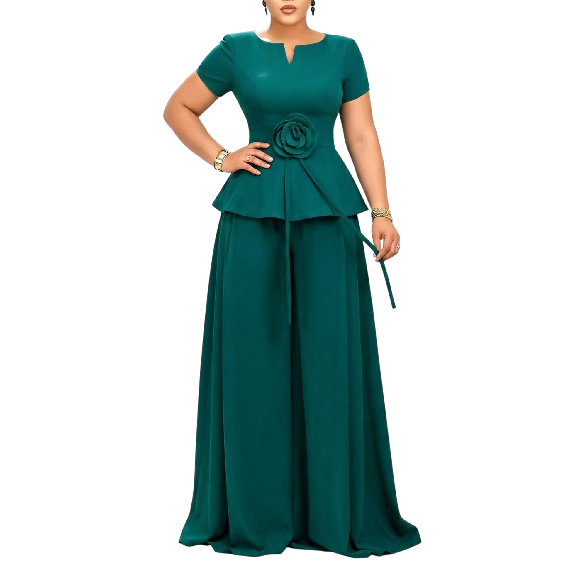 Elegant Plus Size Ruffled Sleeve Top and Wide Leg Pants Set Summer Fashion Casual Wear Wholesale Available