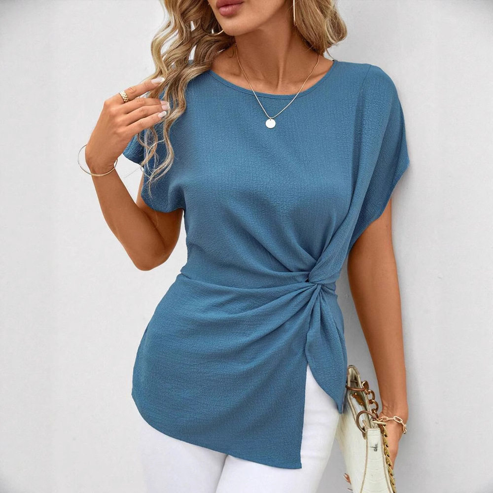 Asymmetrical Short Sleeve T Shirt Solid Color Round Neck Textured Fabric Casual Elegance for Everyday Wear