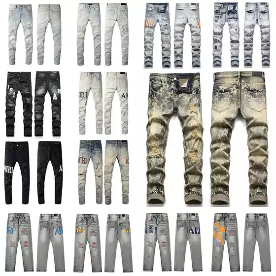 Amiri Jeans High-Quality American-Style High Street Ripped Patchwork Washed Vintage Embroidered Straight Slim-Fit Jeans