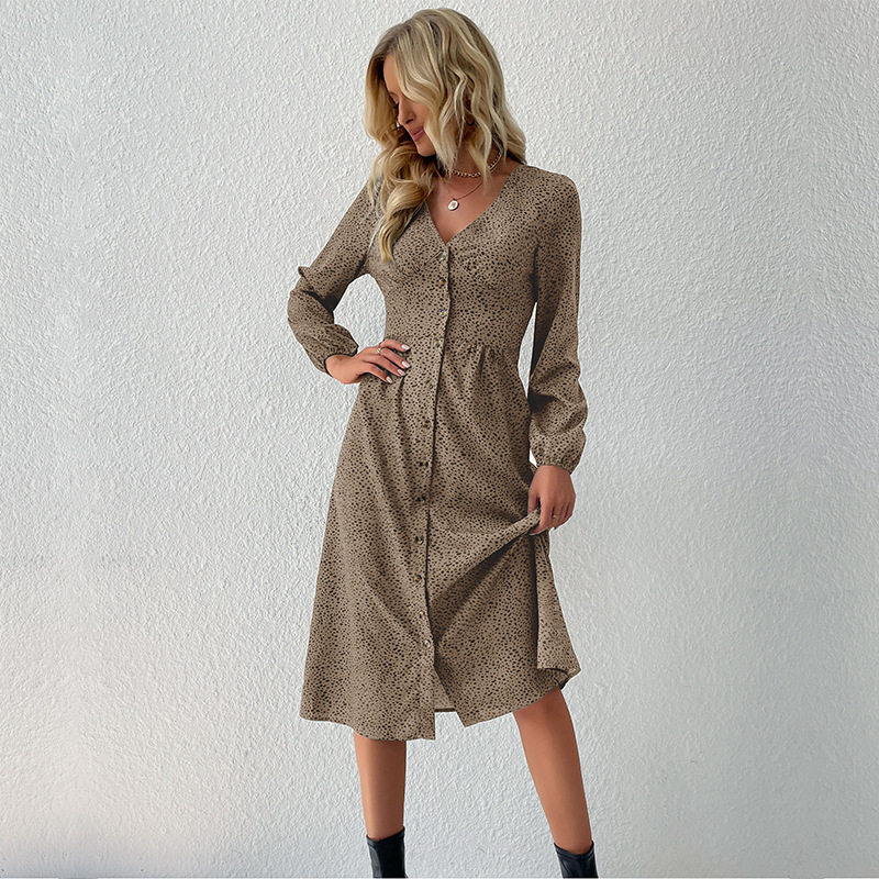 Fashionable Womens Long Sleeve Dress V Neck Single Breasted Elegant Design Autumn Wear Wholesale Available