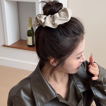 South Korea vintage solid color high-end inspu leather beaded large intestine elegant fashion hair rope ball hair ring